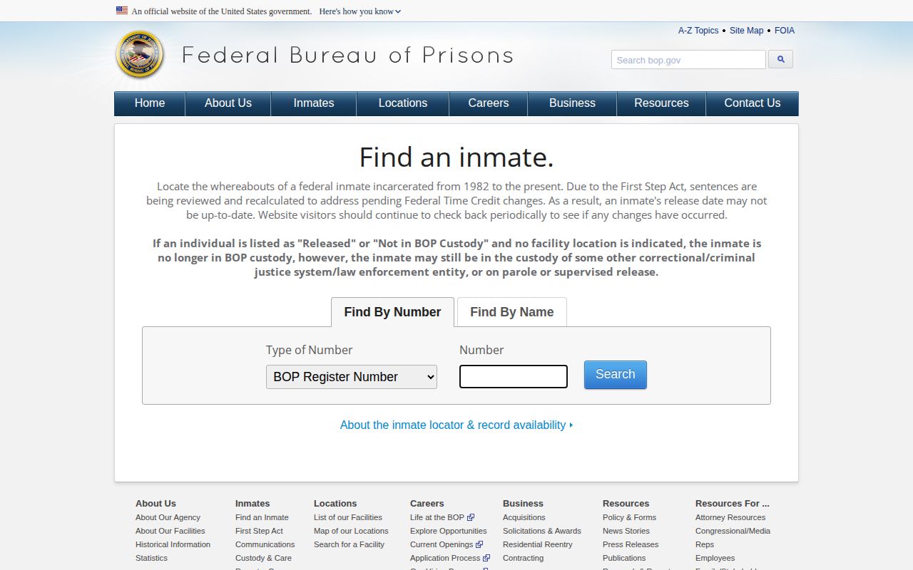 Federal BOP locator for a Lauderdale County custody release check
